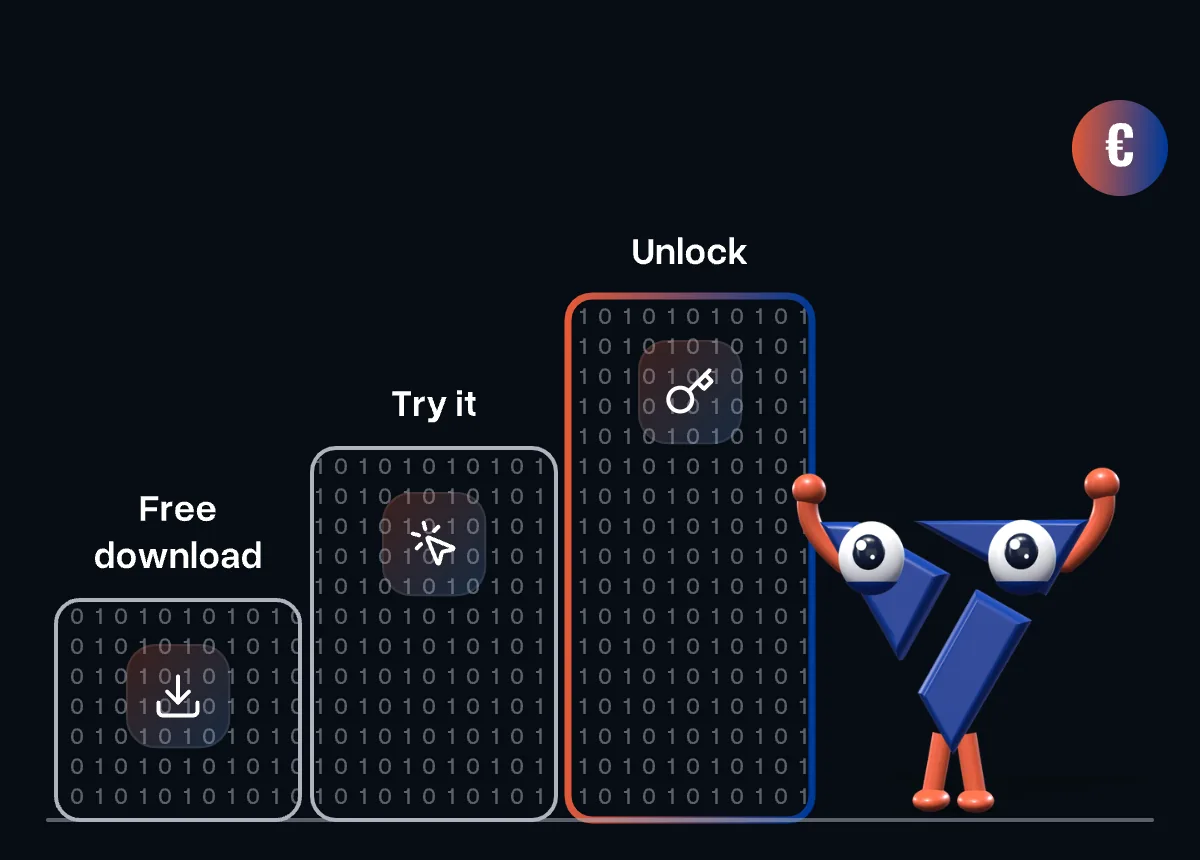 Three steps: free download, try it, unlock - at the top the mascot cheers next to a coin
