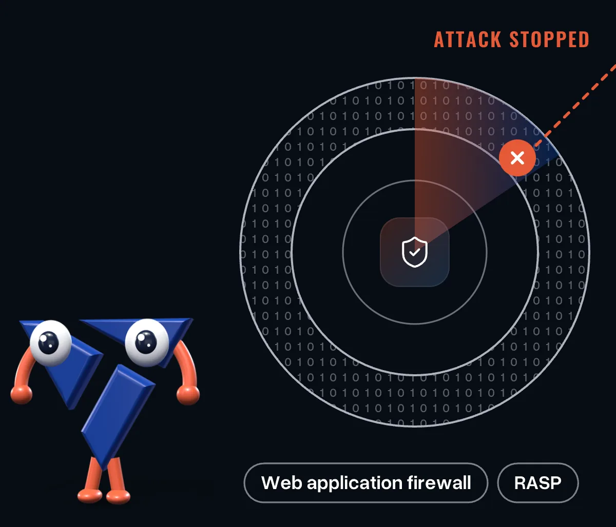 A radar with a shield detects and stops an attack while the mascot stands by; web application firewall and RASP as tools