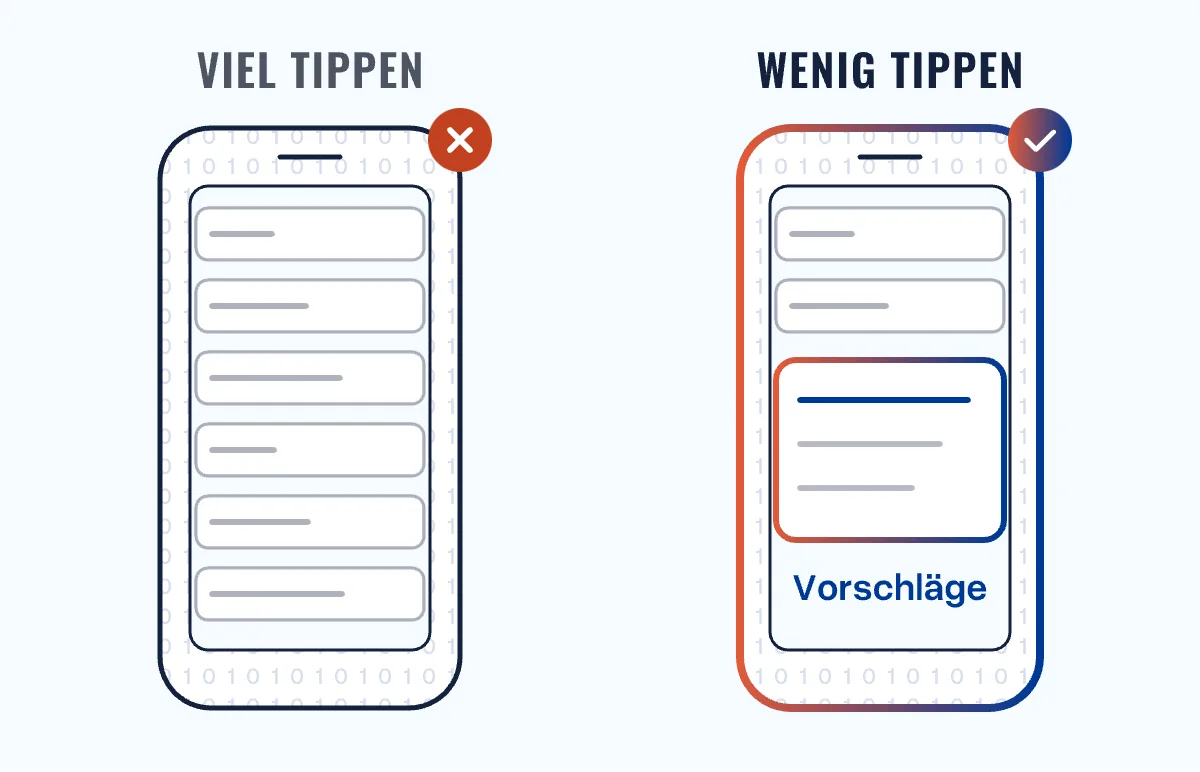 Zwei Handys: links sechs Eingabefelder und viel Tippen, rechts zwei Felder mit Vorschlägen