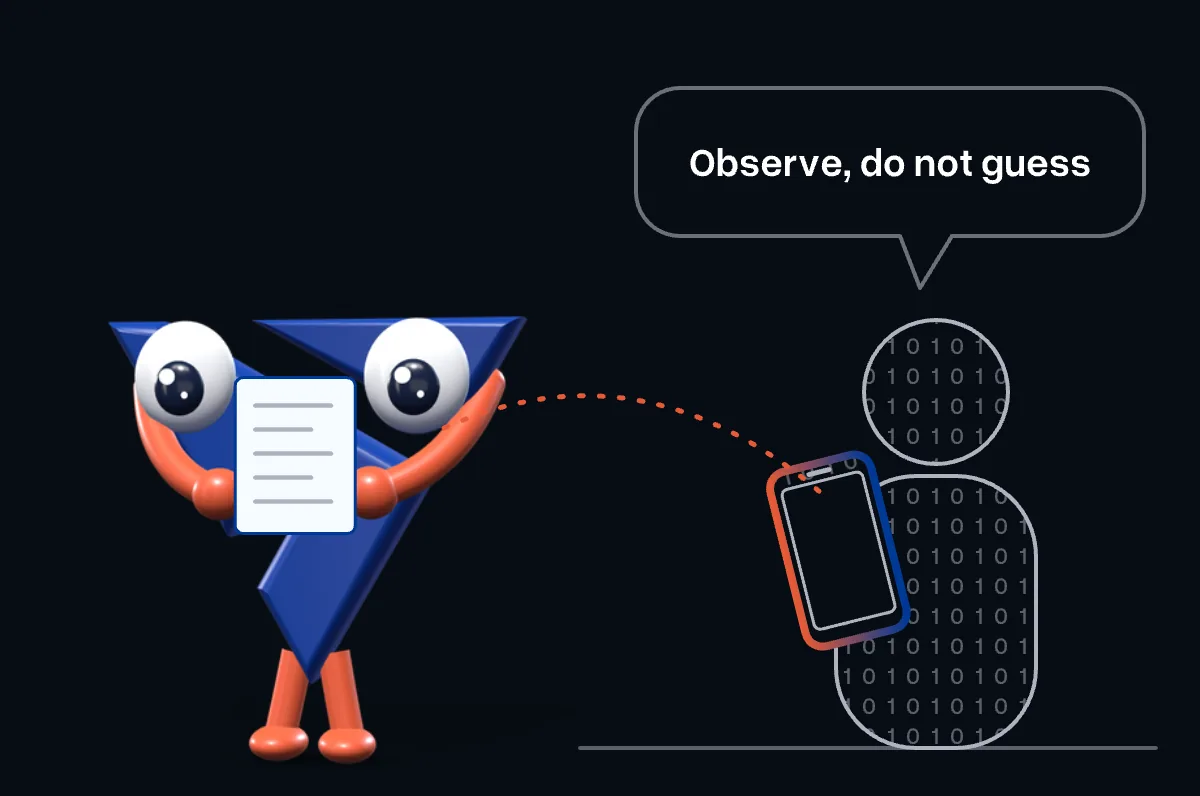 The mascot watches a person using a phone, notepad in hand: observe, do not guess