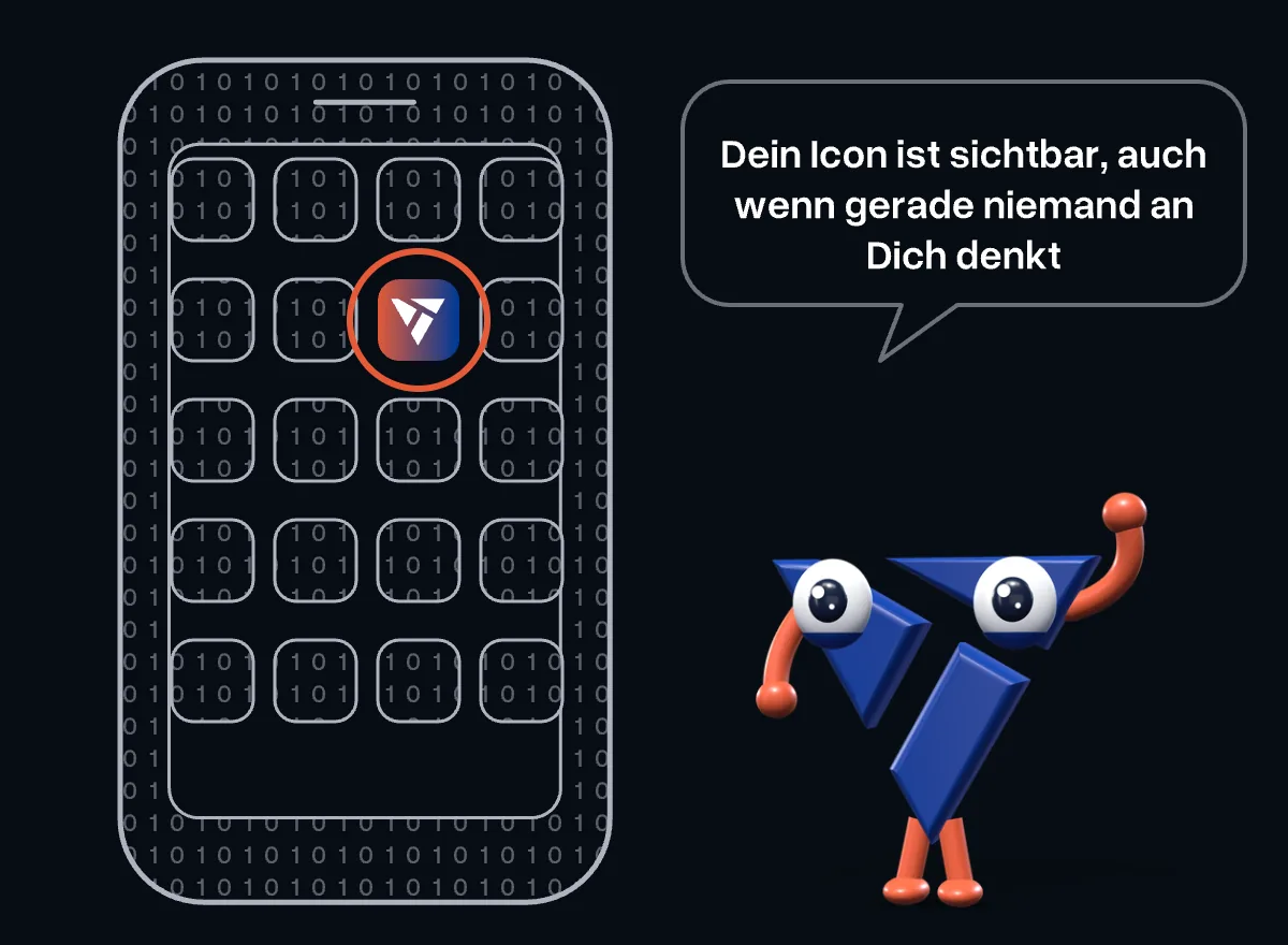 Ein Handy-Startbildschirm mit vielen App-Icons, eines davon ist das Vitec-Zeichen; daneben winkt das Maskottchen