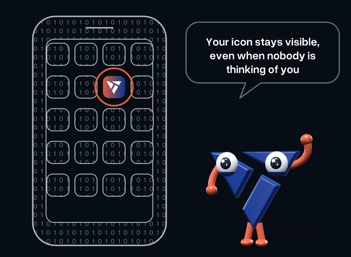 A phone home screen with many app icons, one of them the Vitec mark; next to it the mascot waves